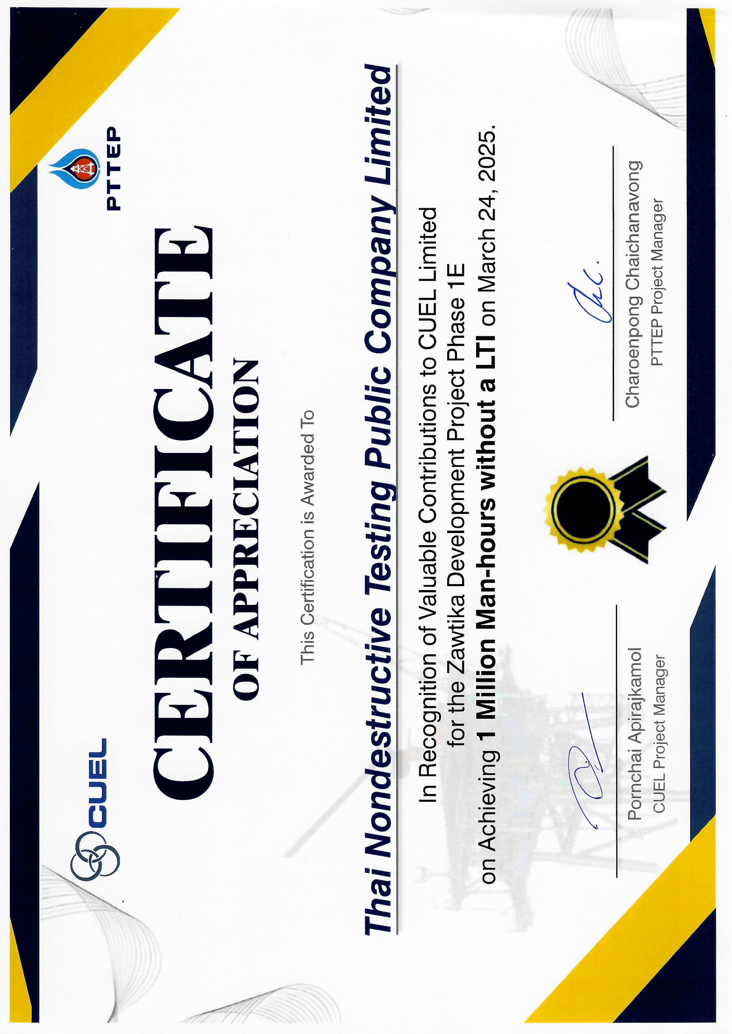 The certificate is awarded to TNDT.